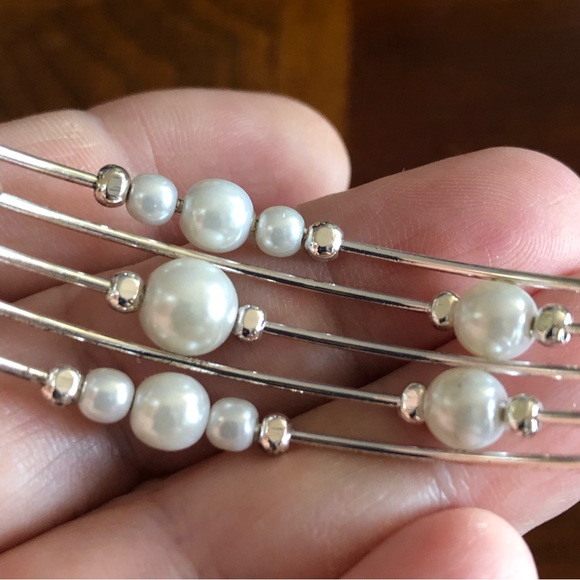 Silver plated multi strand wired faux Pearl cuff bracelet - Picture 2 of 6